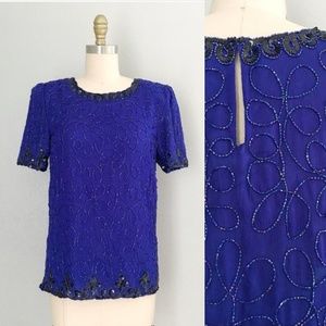 Vintage night vogue beaded cobalt blue blouse top